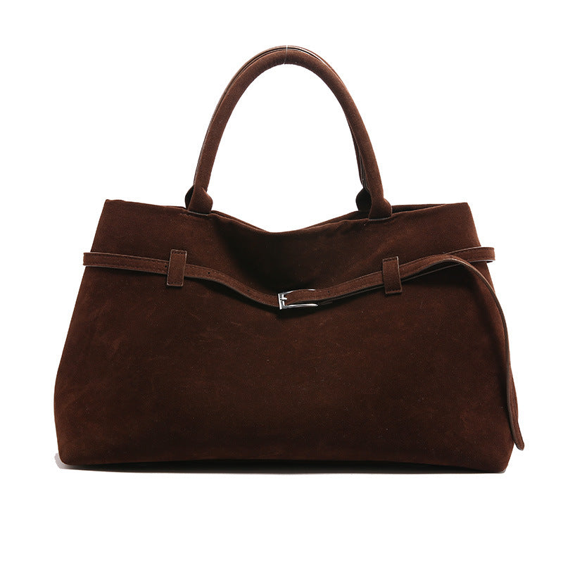 Brown faux suede tote bag, front view on white background