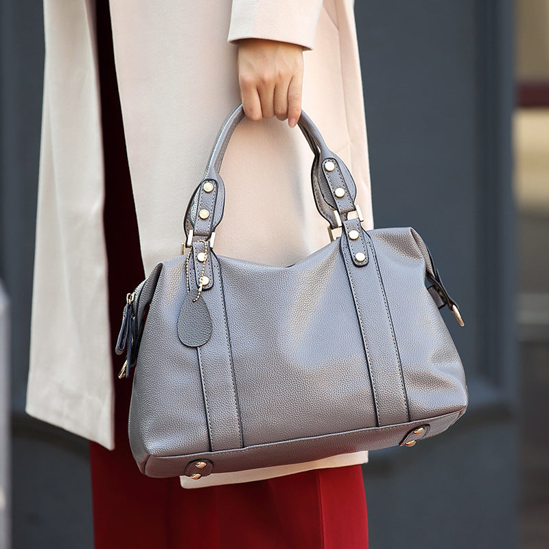 Retro Rivet Cowhide Boston Shoulder Bag — product image 6