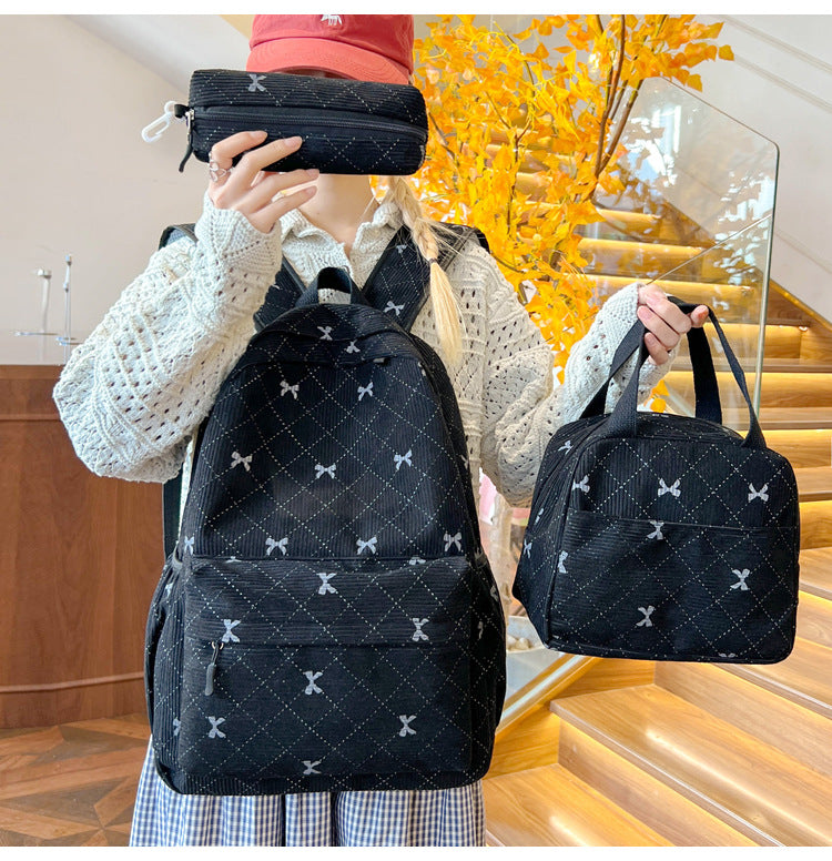 3-Piece Bow-Print Corduroy Backpack Set — product image 1