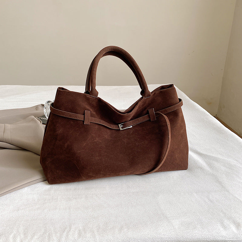 Brown faux suede tote bag detail view