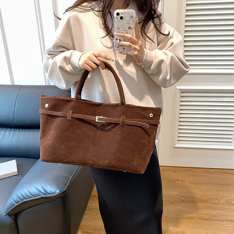 Brown faux suede tote bag shown open