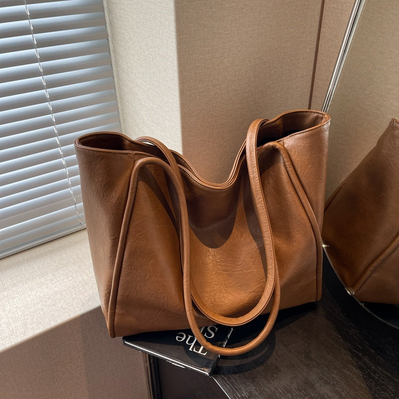 Light brown soft PU leather large-capacity tote bag, front view
