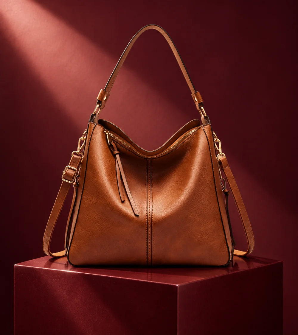 Brown soft hobo tote on a wine-red plinth in directional studio light